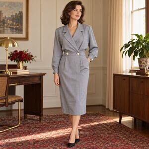 70s Stuart Alan Houndstooth Faux Wrap Double Breasted Career Dress - M